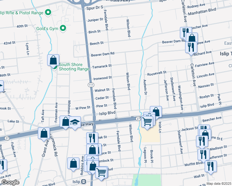map of restaurants, bars, coffee shops, grocery stores, and more near 241 Ferndale Boulevard in Islip