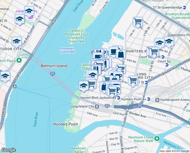 map of restaurants, bars, coffee shops, grocery stores, and more near 4516 Center Boulevard in Queens