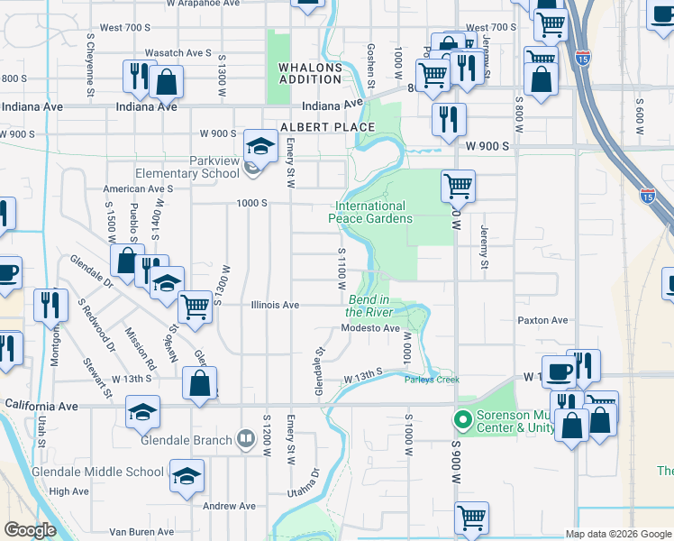 map of restaurants, bars, coffee shops, grocery stores, and more near 1112 South 1100 West in Salt Lake City