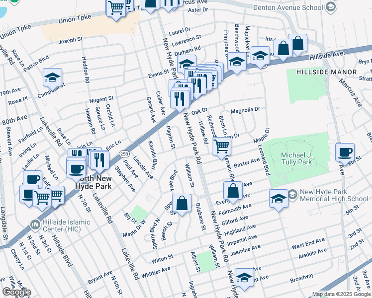 map of restaurants, bars, coffee shops, grocery stores, and more near 1701 New Hyde Park Road in New Hyde Park