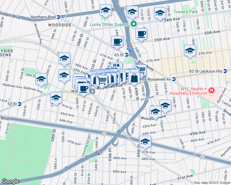 map of restaurants, bars, coffee shops, grocery stores, and more near 6410 Roosevelt Avenue in Queens