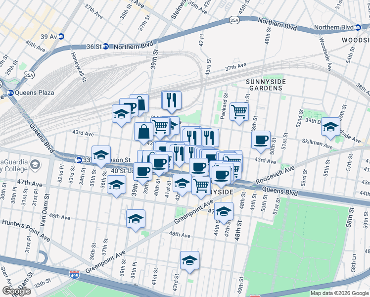 map of restaurants, bars, coffee shops, grocery stores, and more near 42nd Street & 43rd Avenue in Queens