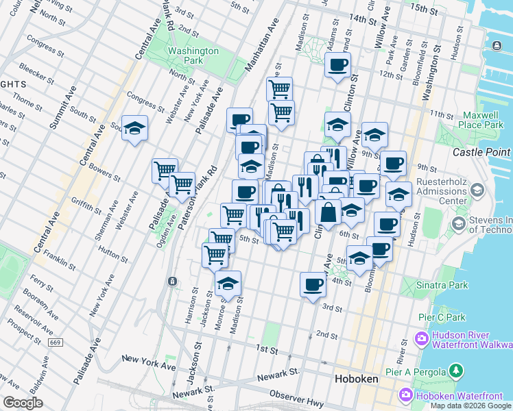 map of restaurants, bars, coffee shops, grocery stores, and more near 625 Madison Street in Hoboken