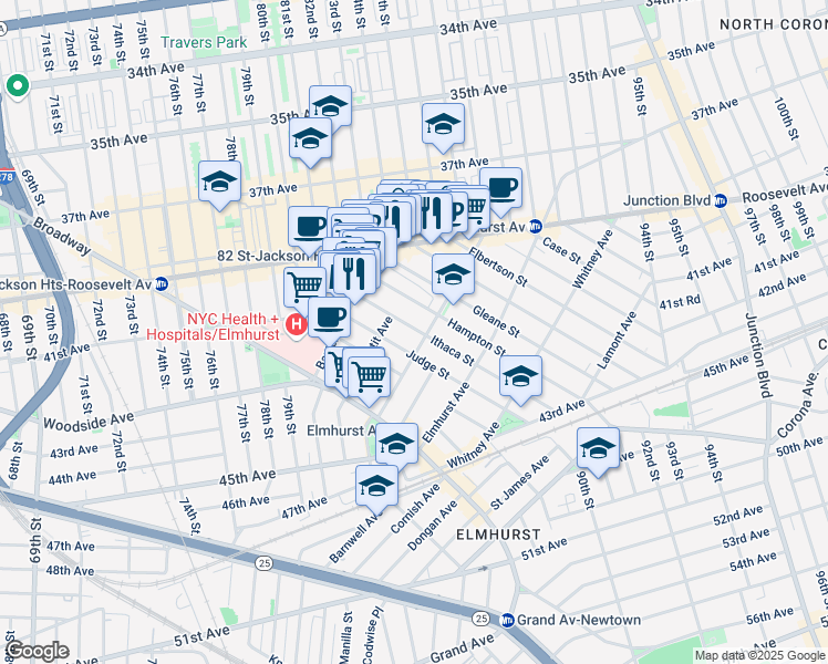 map of restaurants, bars, coffee shops, grocery stores, and more near 40-56 Hampton Street in Queens