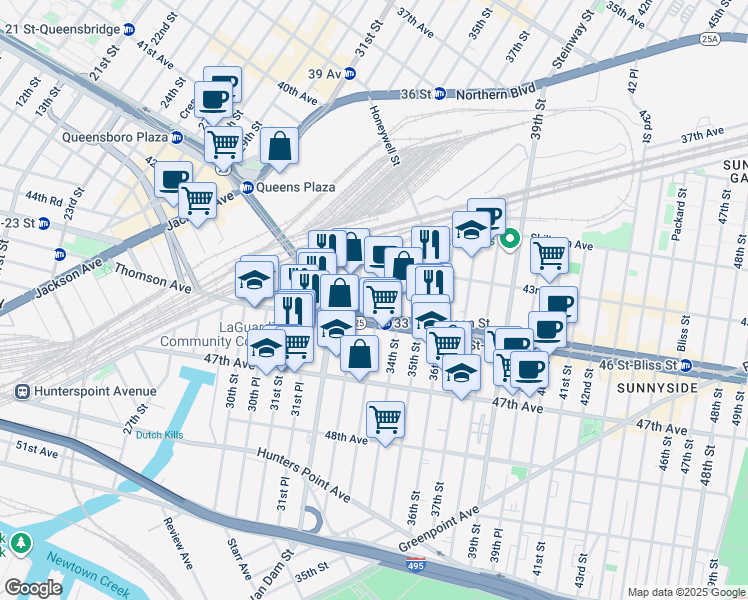 map of restaurants, bars, coffee shops, grocery stores, and more near 43-15 33rd Street in Queens