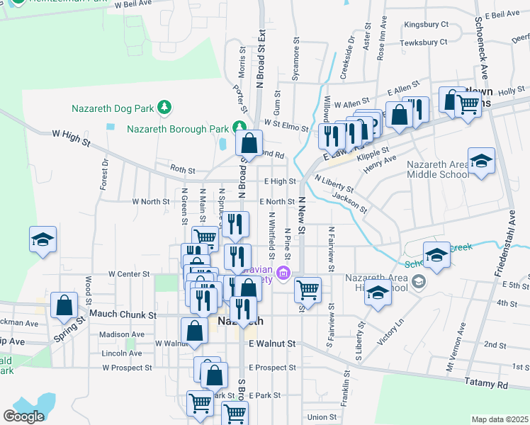 map of restaurants, bars, coffee shops, grocery stores, and more near 153 North Whitfield Street in Nazareth