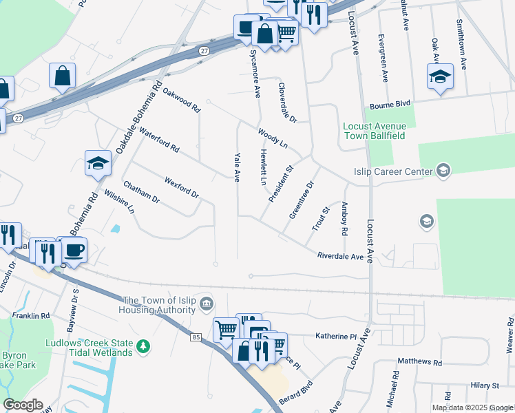 map of restaurants, bars, coffee shops, grocery stores, and more near 4 Hewlett Lane in Oakdale