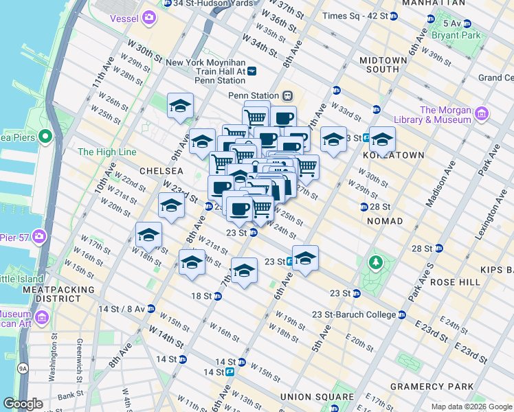 map of restaurants, bars, coffee shops, grocery stores, and more near 220w West 26th Street in New York