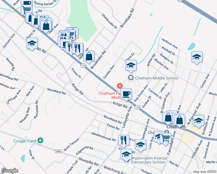 map of restaurants, bars, coffee shops, grocery stores, and more near 525 Main Street in Chatham