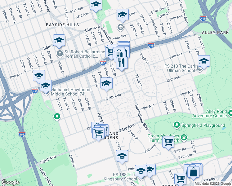 map of restaurants, bars, coffee shops, grocery stores, and more near 219-41 67th Avenue in Queens