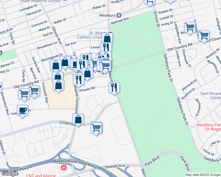 map of restaurants, bars, coffee shops, grocery stores, and more near in East Garden City