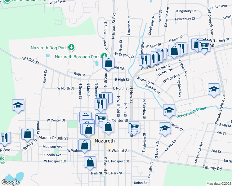 map of restaurants, bars, coffee shops, grocery stores, and more near 153 North Whitfield Street in Nazareth