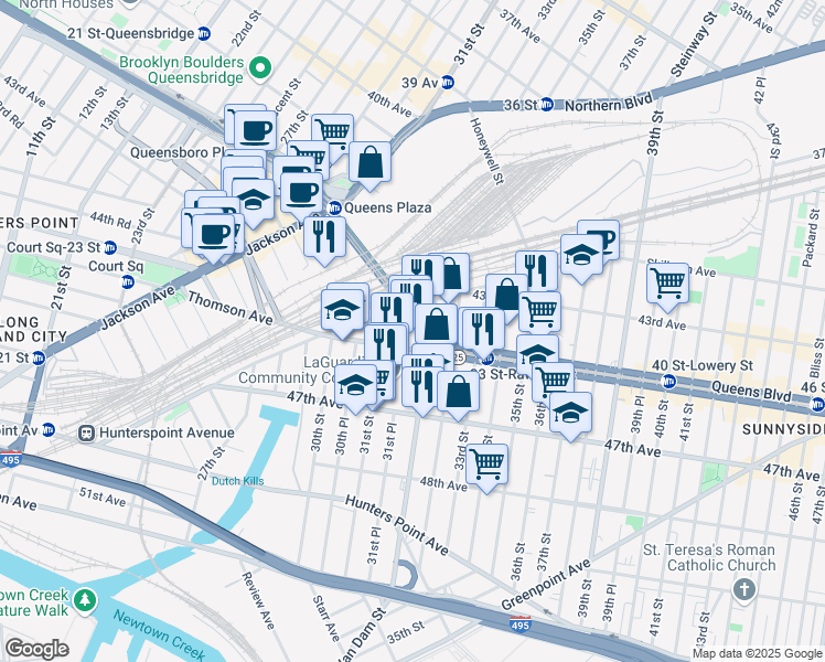 map of restaurants, bars, coffee shops, grocery stores, and more near 43-10 Van Dam Street in Queens