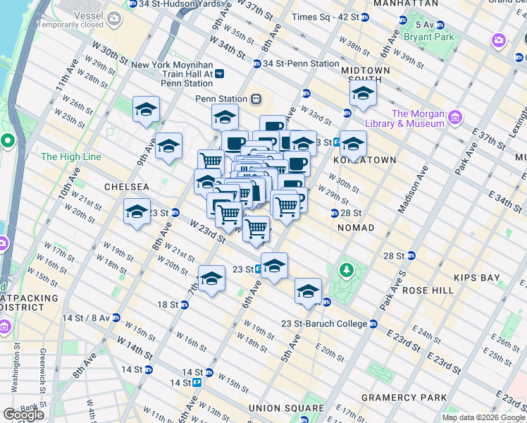 map of restaurants, bars, coffee shops, grocery stores, and more near 165-167 West 26th Street in New York