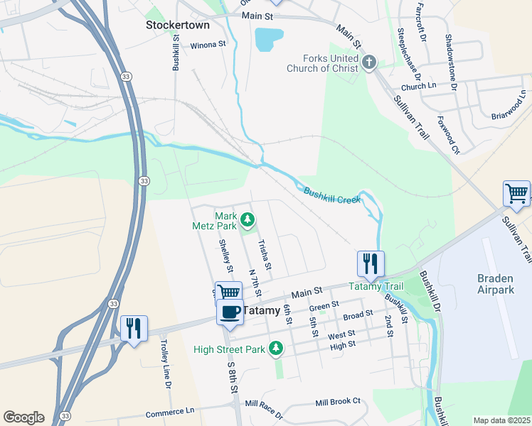 map of restaurants, bars, coffee shops, grocery stores, and more near 190 Messinger Street in Tatamy