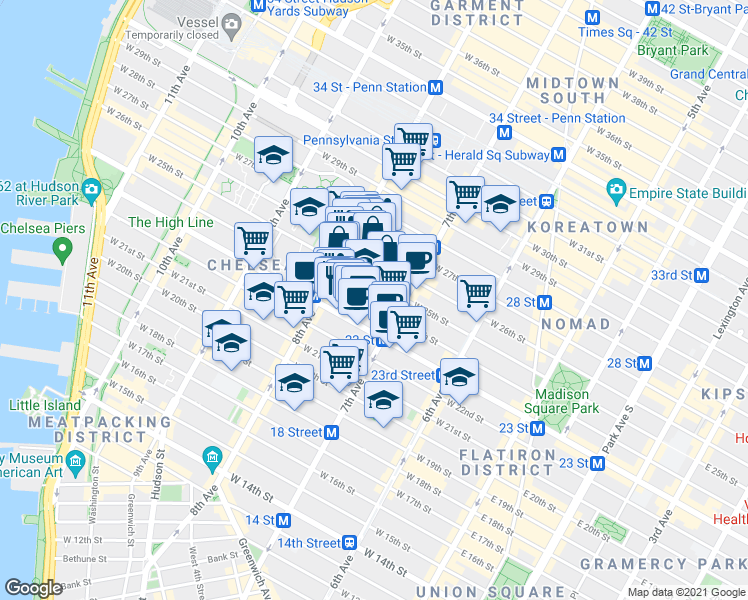 map of restaurants, bars, coffee shops, grocery stores, and more near 219 West 24th Street in New York