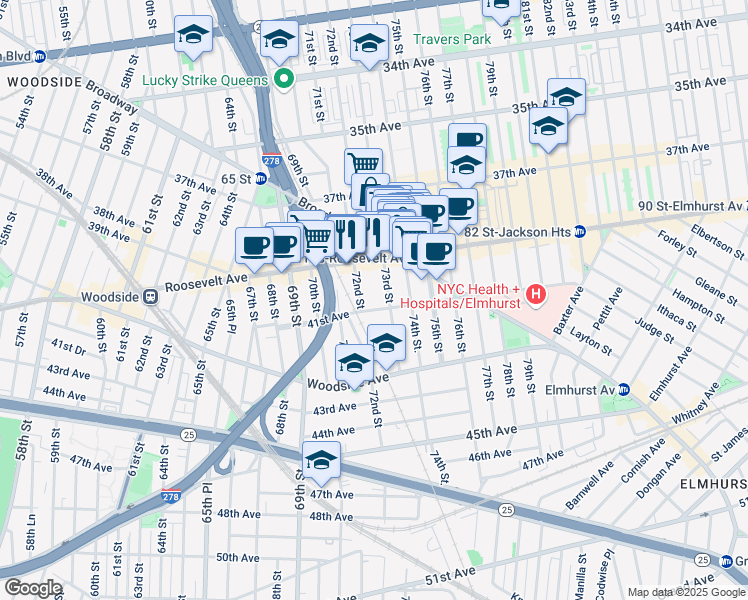 map of restaurants, bars, coffee shops, grocery stores, and more near 40-19 72nd Street in Queens