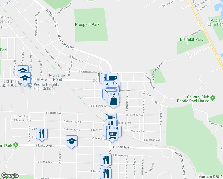 map of restaurants, bars, coffee shops, grocery stores, and more near 1301 East Samuel Avenue in Peoria Heights