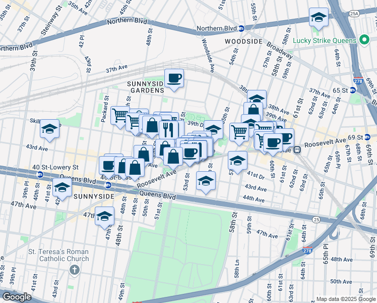 map of restaurants, bars, coffee shops, grocery stores, and more near 41-12 53rd Street in Queens