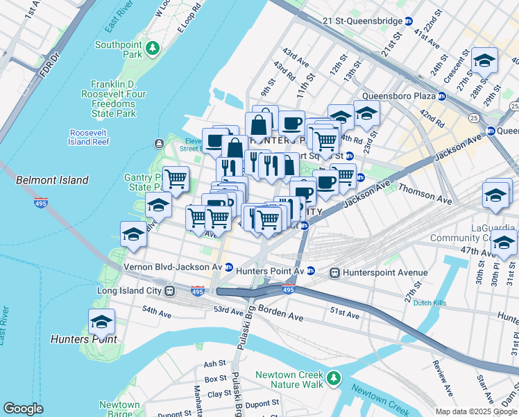 map of restaurants, bars, coffee shops, grocery stores, and more near 10-37 46th Road in Queens
