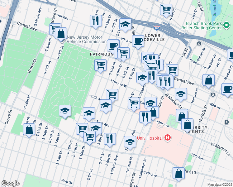 map of restaurants, bars, coffee shops, grocery stores, and more near 43 South 8th Street in Newark