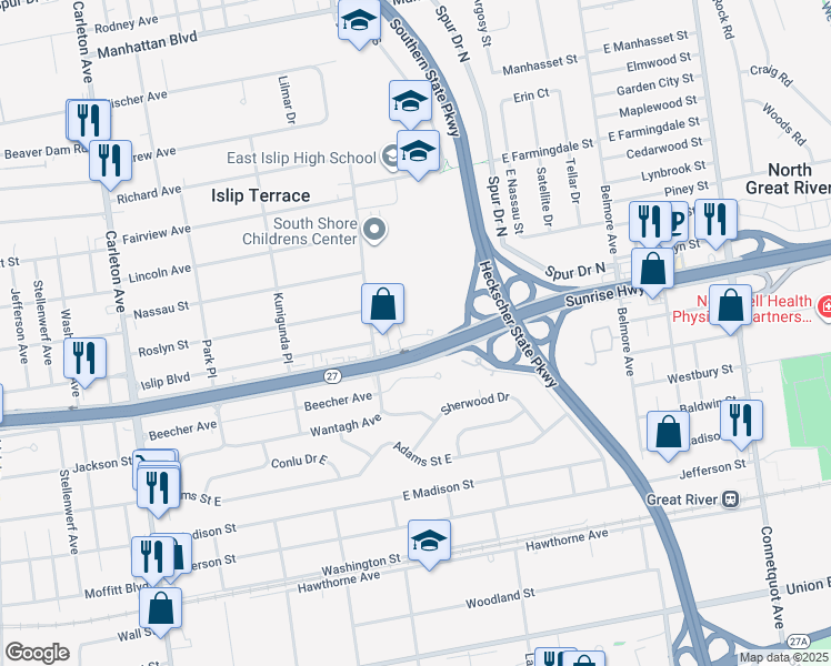 map of restaurants, bars, coffee shops, grocery stores, and more near 3025 Sunrise Highway in Islip Terrace