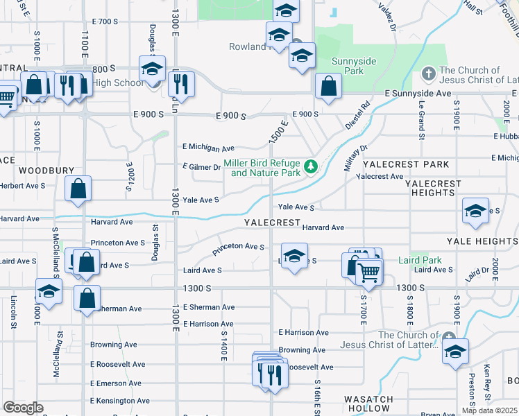 map of restaurants, bars, coffee shops, grocery stores, and more near 1454 Yale Avenue South in Salt Lake City