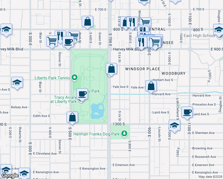 map of restaurants, bars, coffee shops, grocery stores, and more near 1055 South 700 East in Salt Lake City