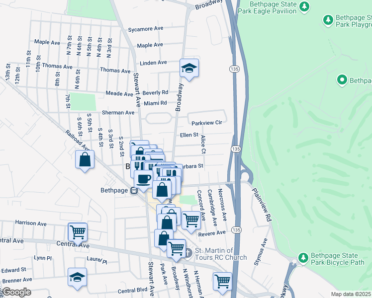 map of restaurants, bars, coffee shops, grocery stores, and more near 410 Broadway in Bethpage