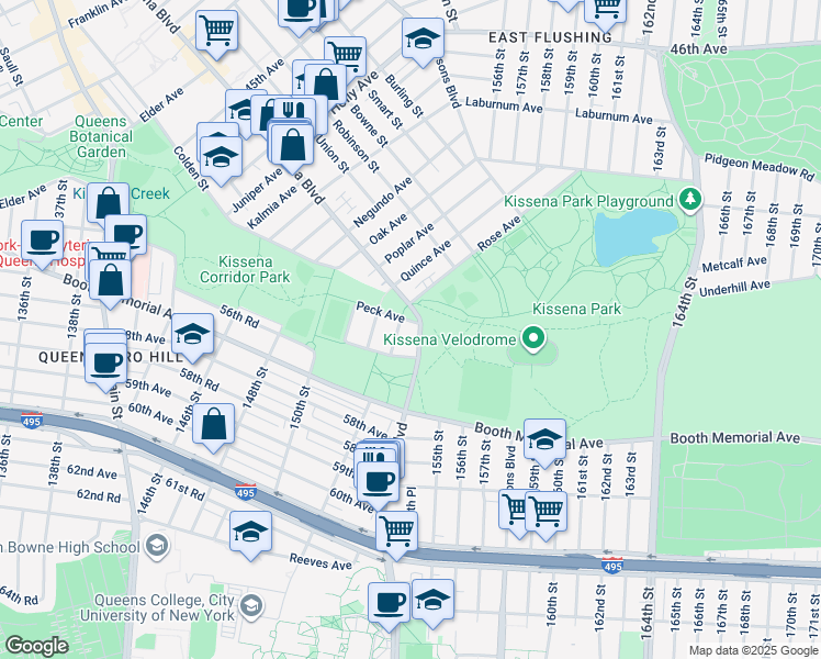 map of restaurants, bars, coffee shops, grocery stores, and more near 140-09 Rose Avenue in Queens