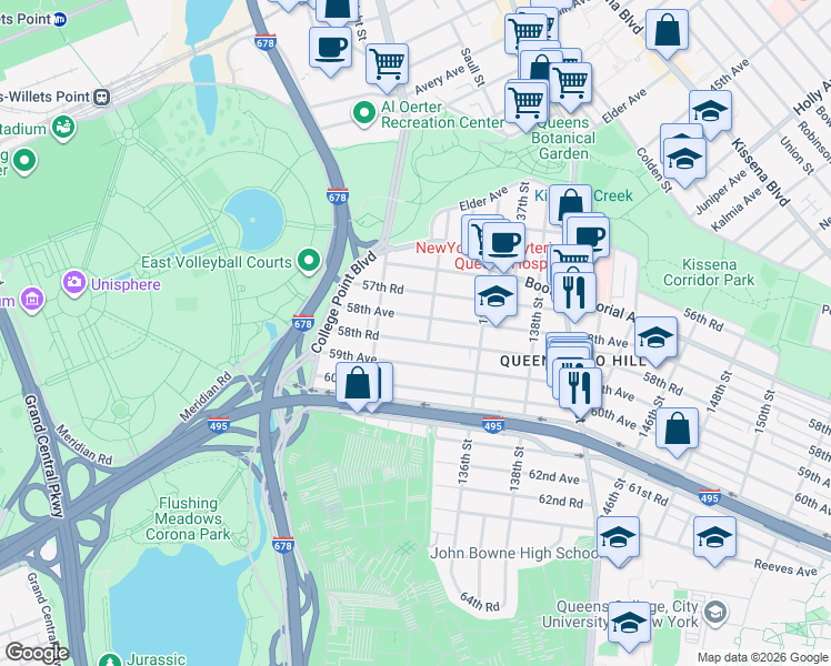 map of restaurants, bars, coffee shops, grocery stores, and more near in Queens