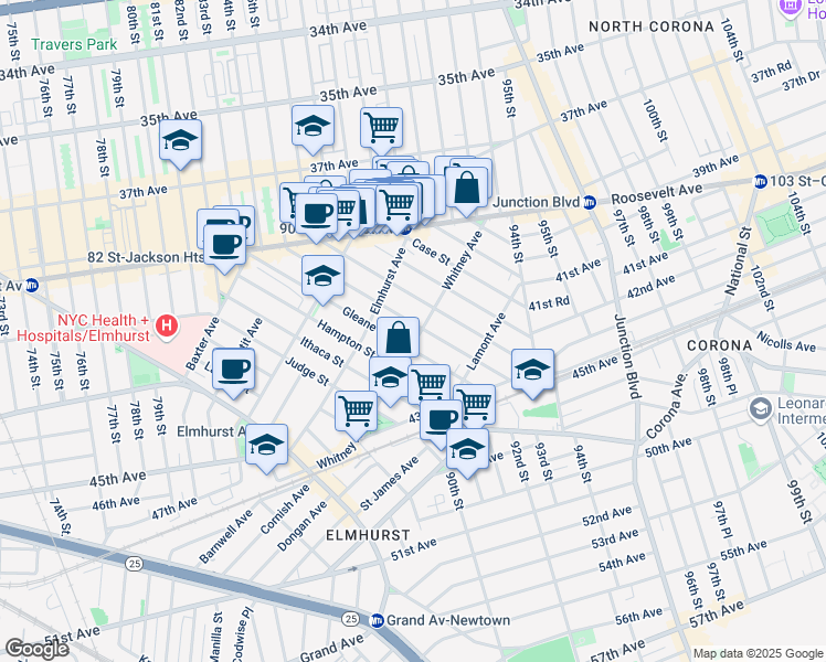 map of restaurants, bars, coffee shops, grocery stores, and more near 41-81 Forley Street in Queens