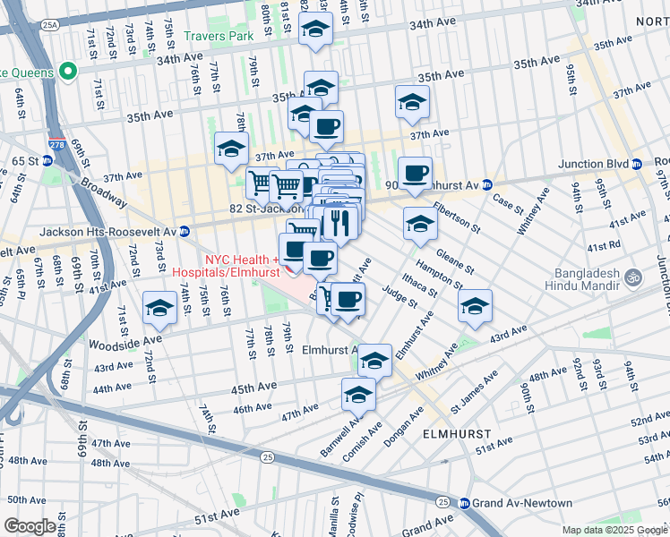 map of restaurants, bars, coffee shops, grocery stores, and more near 81-19 41st Avenue in Queens