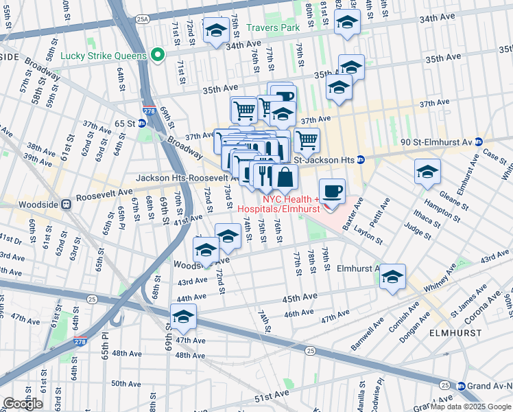 map of restaurants, bars, coffee shops, grocery stores, and more near 75-32 Broadway in Queens