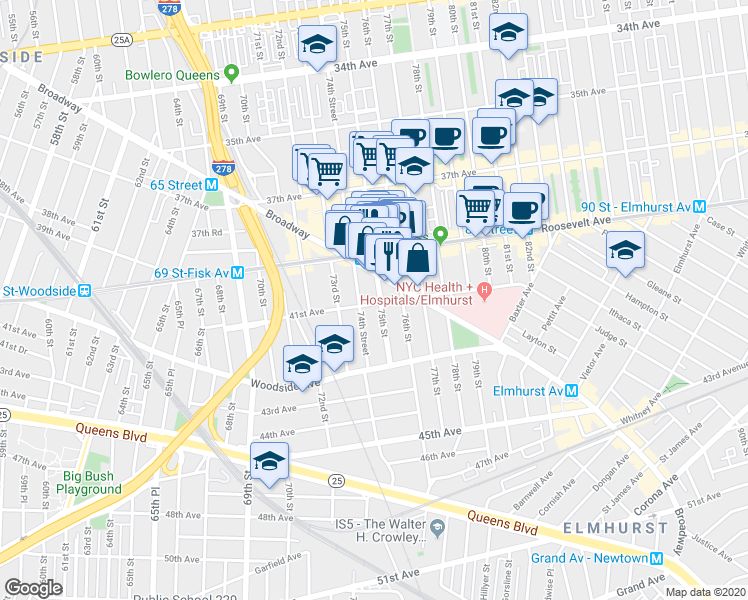 map of restaurants, bars, coffee shops, grocery stores, and more near 75-32 Broadway in Queens
