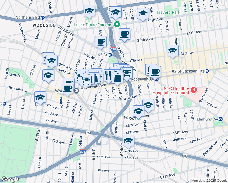 map of restaurants, bars, coffee shops, grocery stores, and more near 6527 Roosevelt Avenue in Queens