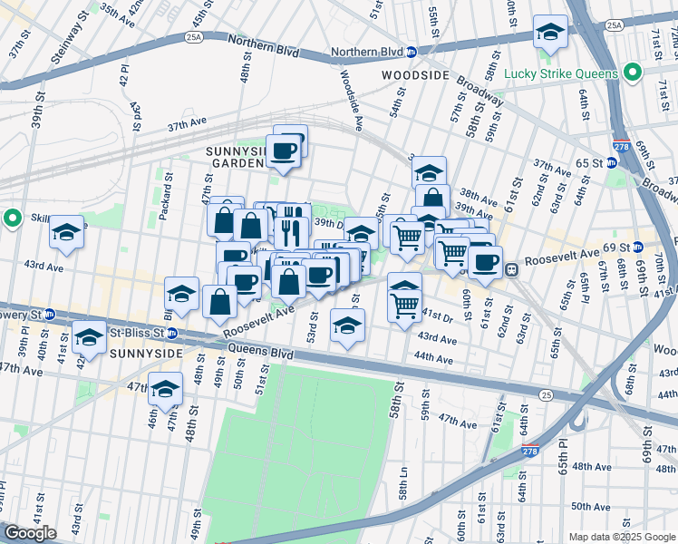 map of restaurants, bars, coffee shops, grocery stores, and more near 53-03 Skillman Avenue in Queens