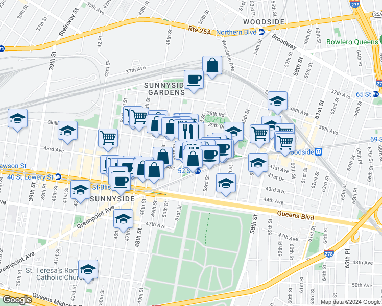 map of restaurants, bars, coffee shops, grocery stores, and more near 51-1 Skillman Avenue in Queens