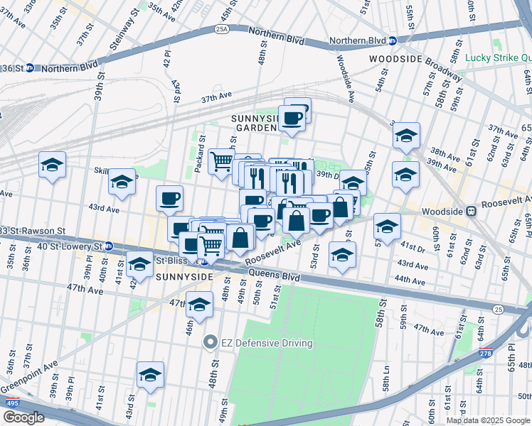 map of restaurants, bars, coffee shops, grocery stores, and more near in Queens