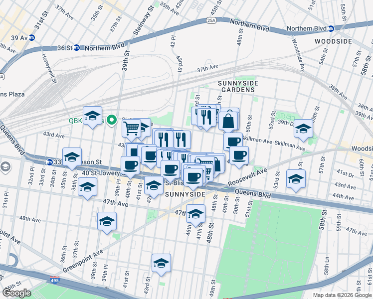 map of restaurants, bars, coffee shops, grocery stores, and more near 41-26 44th Street in Queens