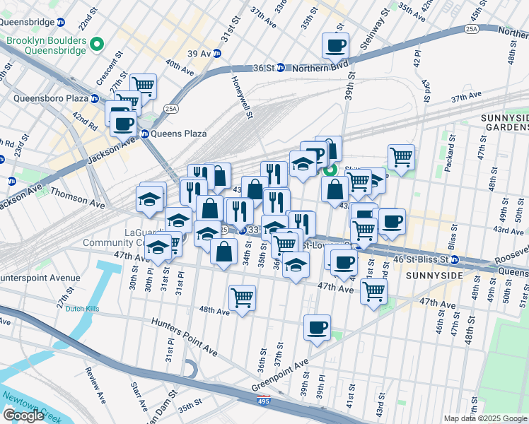 map of restaurants, bars, coffee shops, grocery stores, and more near 43-20 34th Street in Queens