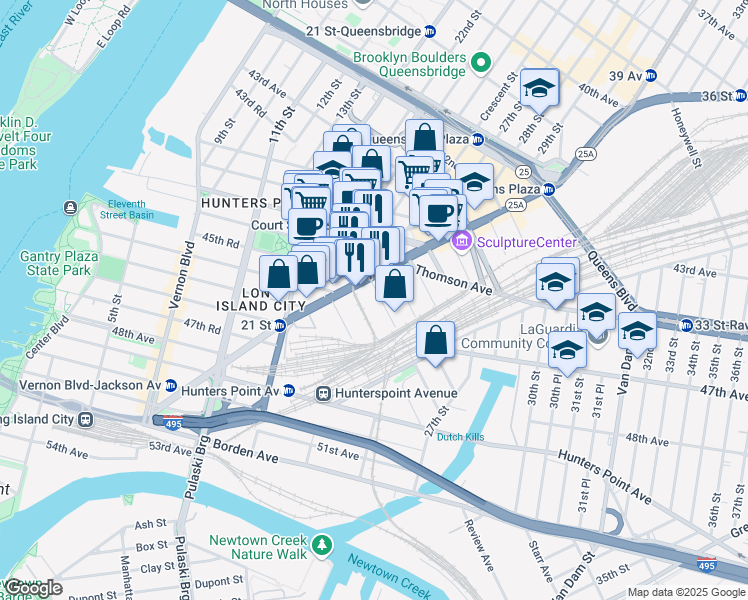 map of restaurants, bars, coffee shops, grocery stores, and more near in Queens
