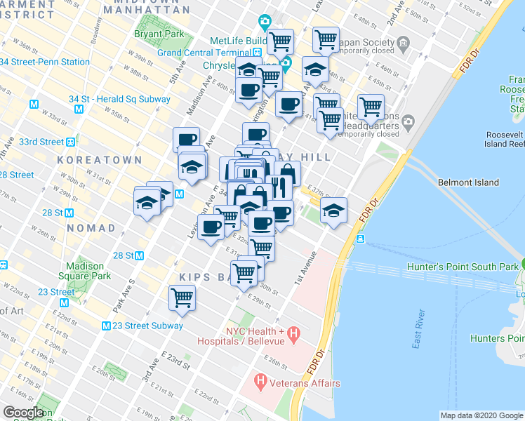 map of restaurants, bars, coffee shops, grocery stores, and more near 214 East 35th Street in New York