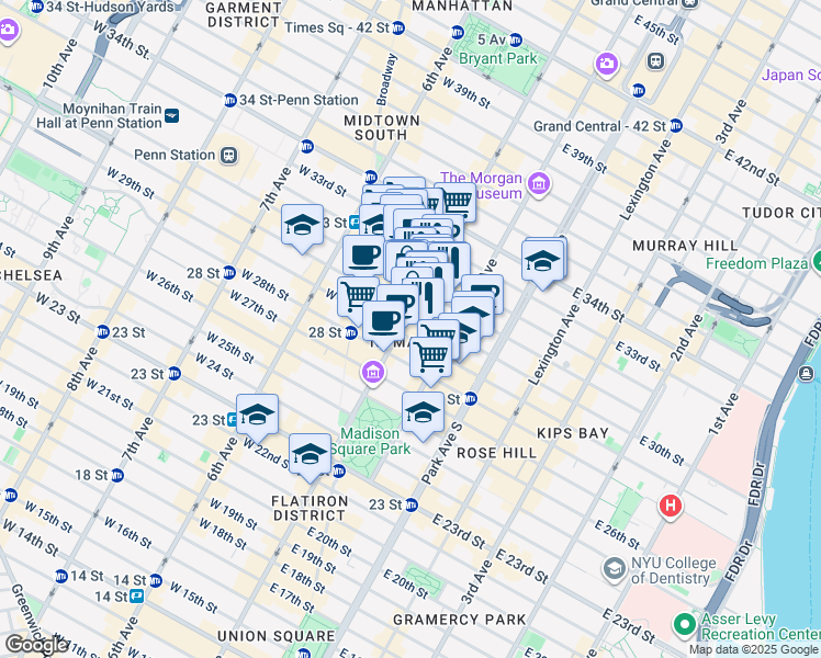 map of restaurants, bars, coffee shops, grocery stores, and more near 295 5th Avenue in New York