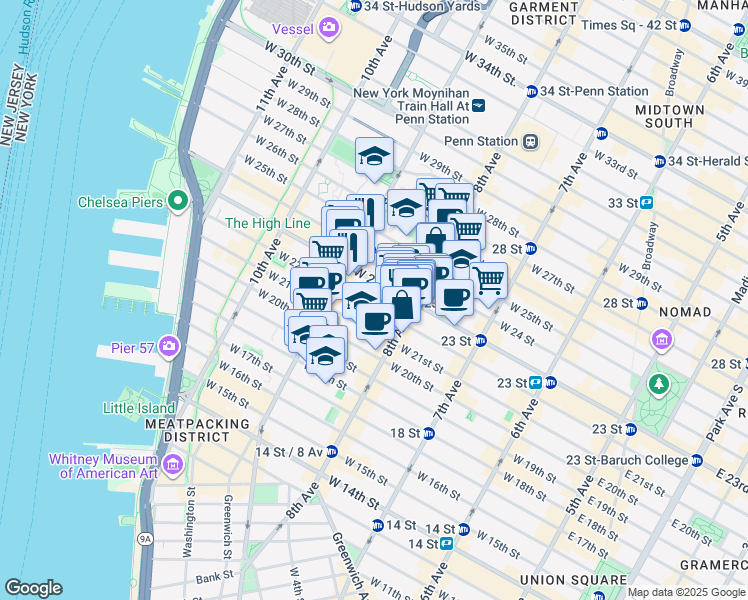 map of restaurants, bars, coffee shops, grocery stores, and more near 338 1/2 West 23rd Street in New York