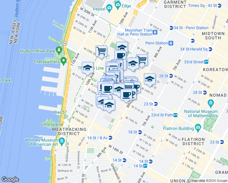map of restaurants, bars, coffee shops, grocery stores, and more near in New York