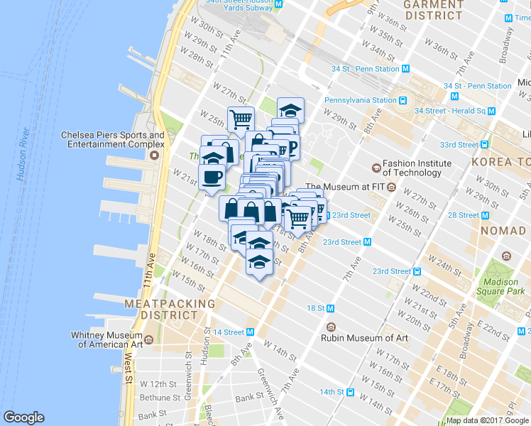 map of restaurants, bars, coffee shops, grocery stores, and more near 414 West 22nd Street in New York