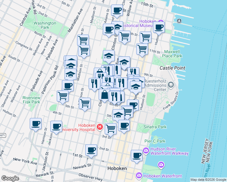 map of restaurants, bars, coffee shops, grocery stores, and more near 722 Willow Avenue in Hoboken