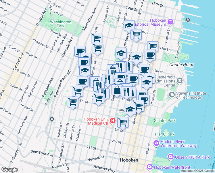 map of restaurants, bars, coffee shops, grocery stores, and more near 701 Grand Street in Hoboken