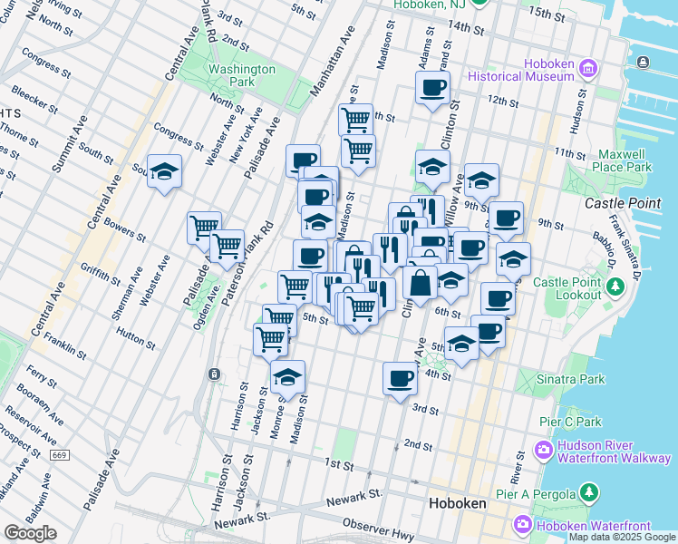 map of restaurants, bars, coffee shops, grocery stores, and more near 625 Madison Street in Hoboken
